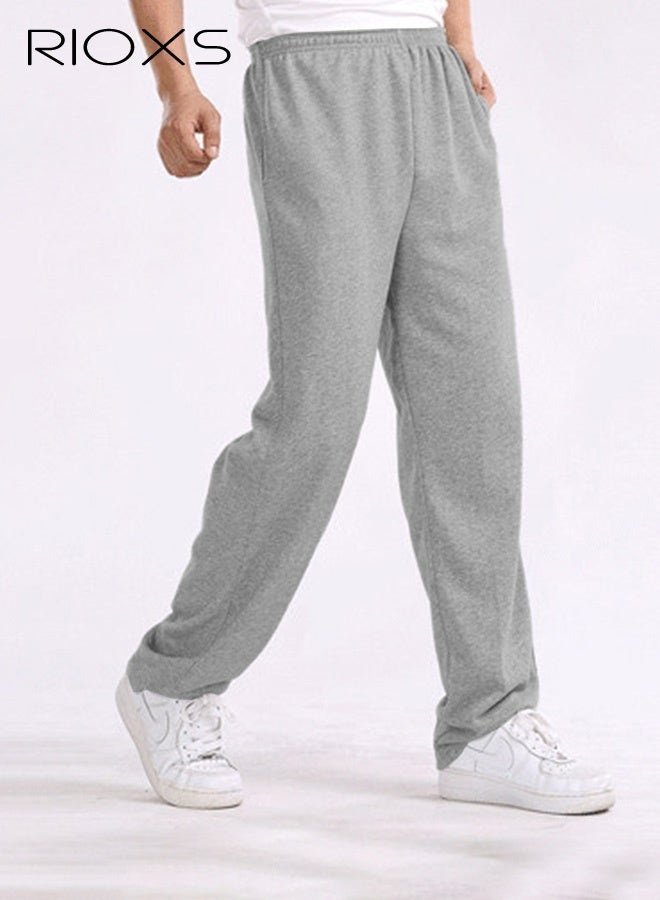 RIOXS 2Pcs Men's Cotton Sweatpants, Casual Open Bottom Straight Leg Athletic Pants, Loose Fit Elastic Waist Joggers with Zippered Pockets, Lightweight Lounge Sweat Pants for Workout Running Jogging Commuting, Black+Grey - Image 4